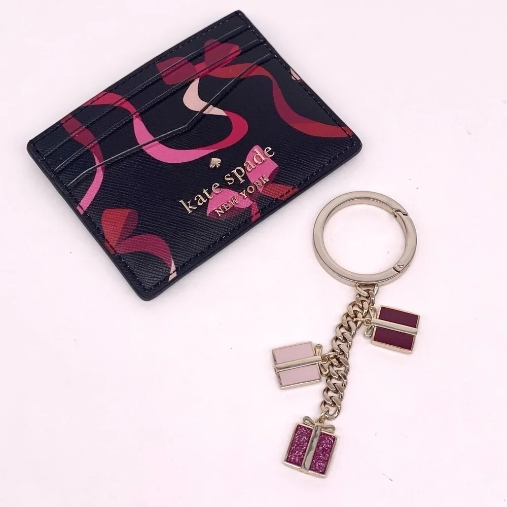 Kate Spade Staci Boxed Card Holder Small Wallet And Key Fob Ribbon Print